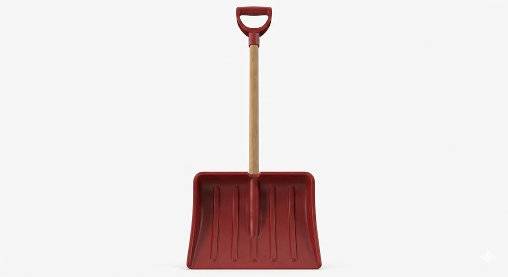 Third Gemini generation - realistic photo-style dark red shovel on white background